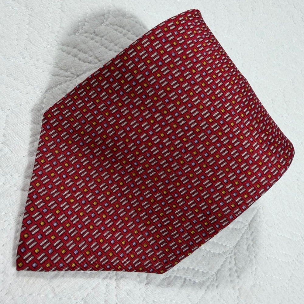 Dion Signature Necktie Men Red Geometric Italian Silk Handcrafted EUC